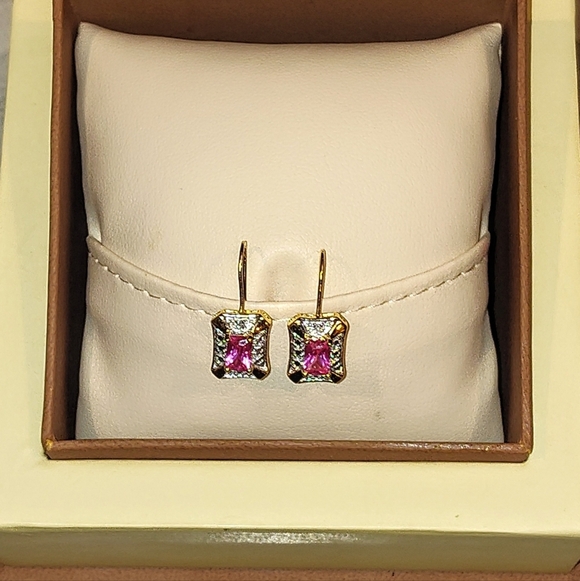 14K GOLD VERMILE 1ct NATURAL PINK EMERALD CUT SAPPHIRE EARRINGS LATCH BACK - Picture 3 of 15